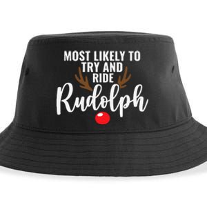 Most Likely To Try Ride Rudolph Funny Couples Christmas Sustainable Bucket Hat