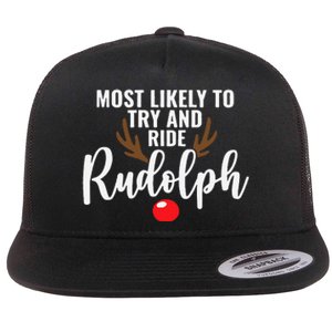 Most Likely To Try Ride Rudolph Funny Couples Christmas Flat Bill Trucker Hat