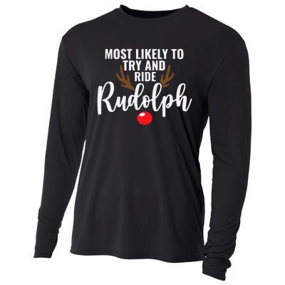 Most Likely To Try Ride Rudolph Funny Couples Christmas Cooling Performance Long Sleeve Crew