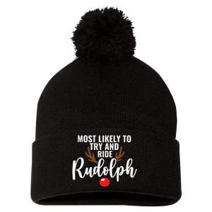 Most Likely To Try Ride Rudolph Funny Couples Christmas Pom Pom 12in Knit Beanie