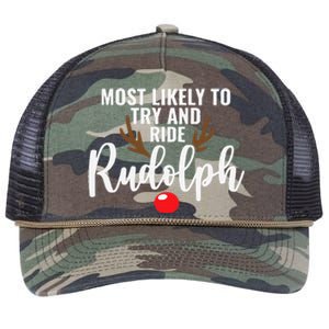 Most Likely To Try Ride Rudolph Funny Couples Christmas Retro Rope Trucker Hat Cap