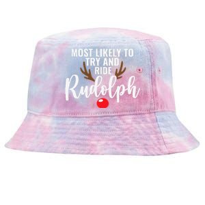 Most Likely To Try Ride Rudolph Funny Couples Christmas Tie-Dyed Bucket Hat