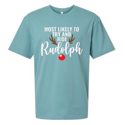 Most Likely To Try Ride Rudolph Funny Couples Christmas Sueded Cloud Jersey T-Shirt