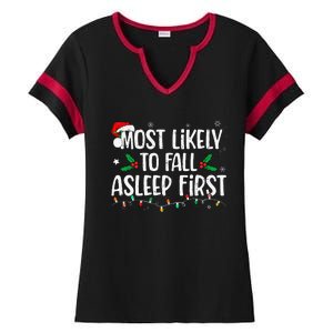 Most Likely To Fall Asleep First Funny Xmas Family Gift Ladies Halftime Notch Neck Tee