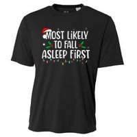 Most Likely To Fall Asleep First Funny Xmas Family Gift Cooling Performance Crew T-Shirt