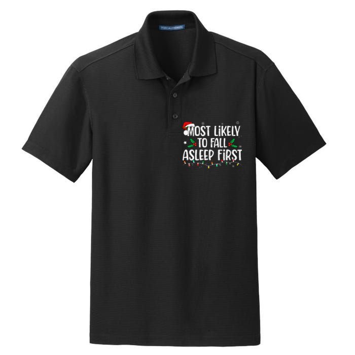 Most Likely To Fall Asleep First Funny Xmas Family Gift Dry Zone Grid Polo