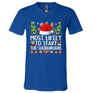 Most Likely To Start The Shenanigans Family Christmas V-Neck T-Shirt