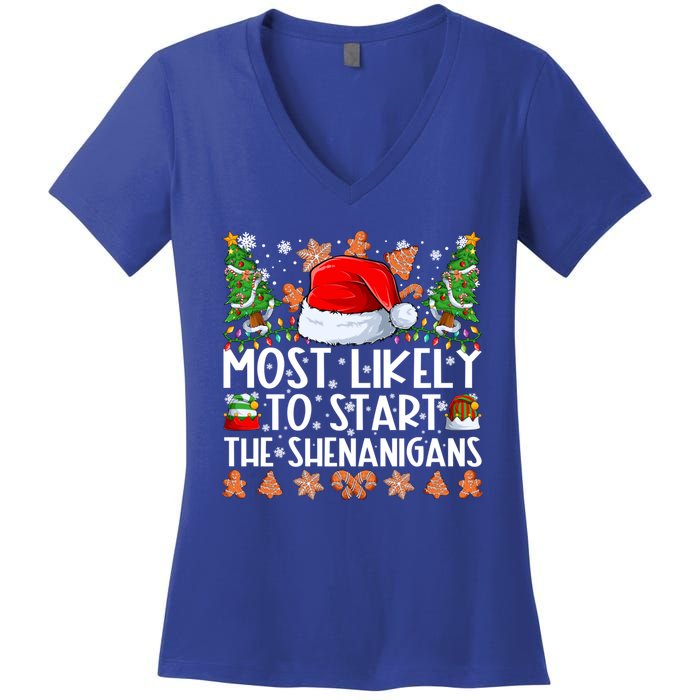 Most Likely To Start The Shenanigans Family Christmas Women's V-Neck T-Shirt