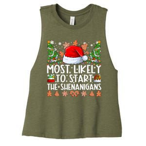 Most Likely To Start The Shenanigans Family Christmas Women's Racerback Cropped Tank