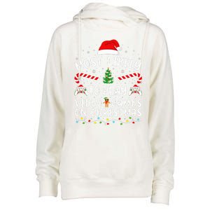 Most Likely To Play Video Games On Christmas Family Joke Womens Funnel Neck Pullover Hood