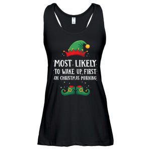 Most Likely To Wake Up First Matching Christmas Elf Ladies Essential Flowy Tank