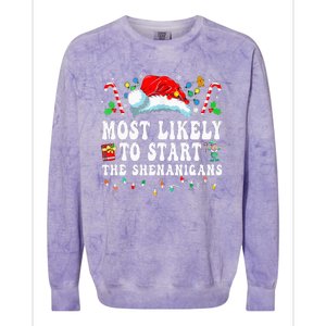 Most Likely To Start The Shenanigans Christmas Family Colorblast Crewneck Sweatshirt