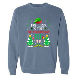 Most Likely To Start The Shenanigans Elf Christmas Family Garment-Dyed Sweatshirt