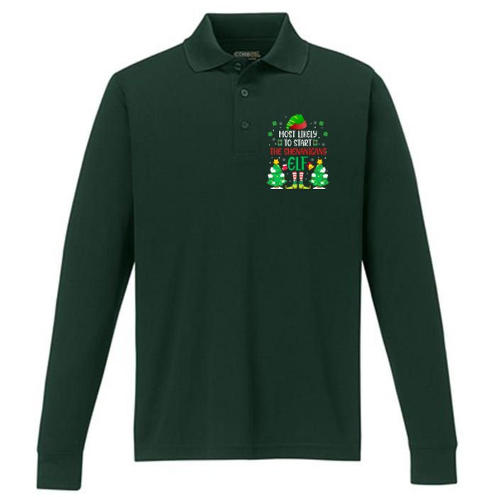 Most Likely To Start The Shenanigans Elf Christmas Family Performance Long Sleeve Polo