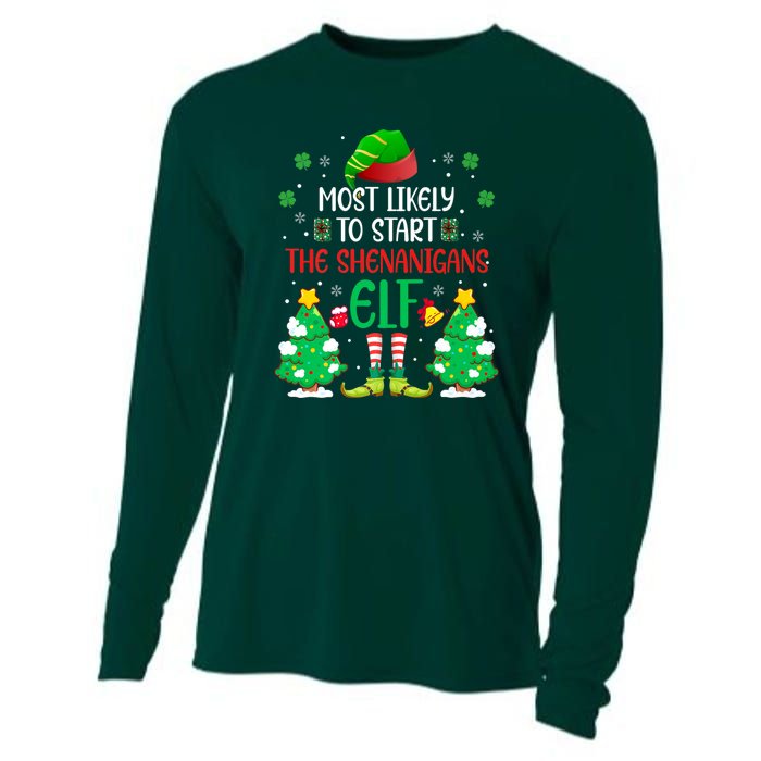 Most Likely To Start The Shenanigans Elf Christmas Family Cooling Performance Long Sleeve Crew