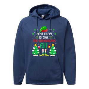 Most Likely To Start The Shenanigans Elf Christmas Family Performance Fleece Hoodie