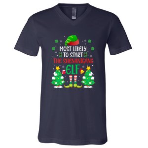 Most Likely To Start The Shenanigans Elf Christmas Family V-Neck T-Shirt