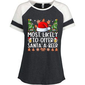 Most Likely To Offer Santa A Beer Christmas Shirts For Family Enza Ladies Jersey Colorblock Tee