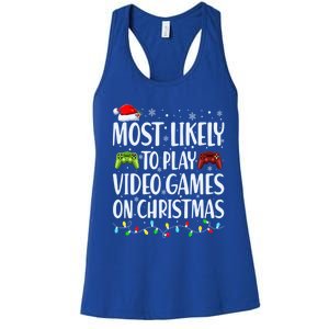 Most Likely To Play Video Games On Christmas Xmas Lights Great Gift Women's Racerback Tank