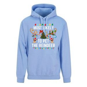 Most Likely To Pet The Reindeer Pjs Matching Xmas Lights Meaningful Gift Unisex Surf Hoodie