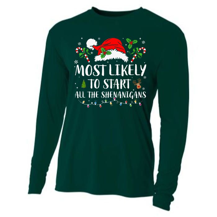 Most Likely To Start All The Shenanigans Christmas Family  Cooling Performance Long Sleeve Crew