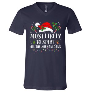 Most Likely To Start All The Shenanigans Christmas Family  V-Neck T-Shirt