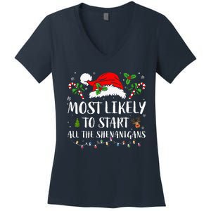 Most Likely To Start All The Shenanigans Christmas Family  Women's V-Neck T-Shirt