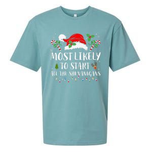 Most Likely To Start All The Shenanigans Christmas Family  Sueded Cloud Jersey T-Shirt