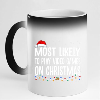 Most Likely To Play Video Games On Christmas Xmas Lights Gift 11oz Black Color Changing Mug