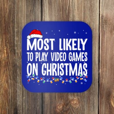 Most Likely To Play Video Games On Christmas Xmas Lights Gift Coaster