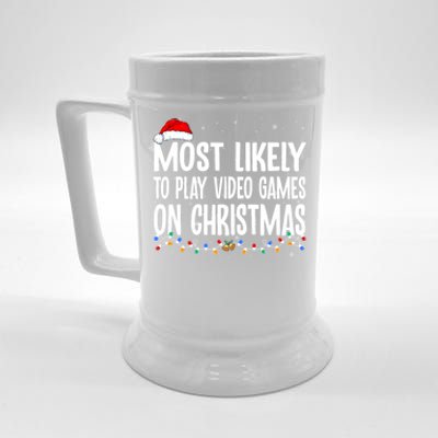 Most Likely To Play Video Games On Christmas Xmas Lights Gift Beer Stein