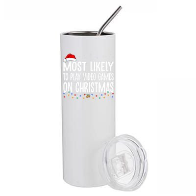 Most Likely To Play Video Games On Christmas Xmas Lights Gift Stainless Steel Tumbler