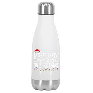 Most Likely To Play Video Games On Christmas Xmas Lights Gift Stainless Steel Insulated Water Bottle