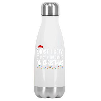 Most Likely To Play Video Games On Christmas Xmas Lights Gift Stainless Steel Insulated Water Bottle