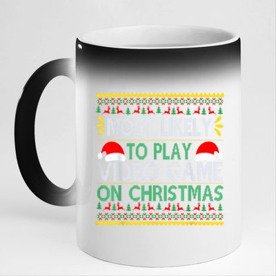 Most Likely To Play Video Games On Christmas Xmas Lights 11oz Black Color Changing Mug