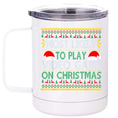 Most Likely To Play Video Games On Christmas Xmas Lights 12 oz Stainless Steel Tumbler Cup