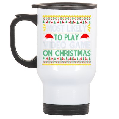 Most Likely To Play Video Games On Christmas Xmas Lights Stainless Steel Travel Mug