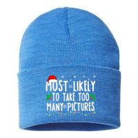 Most Likely To Take Too Y Pictures Funny Christmas Funny Gift Sustainable Knit Beanie