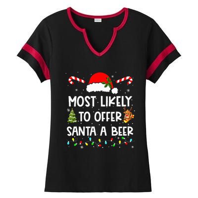 Most Likely To Offer Santa A Beer Funny Drinking Christmas  Ladies Halftime Notch Neck Tee