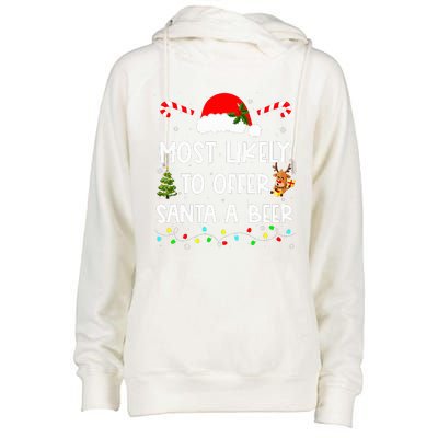 Most Likely To Offer Santa A Beer Funny Drinking Christmas  Womens Funnel Neck Pullover Hood