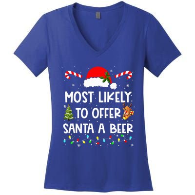 Most Likely To Offer Santa A Beer Funny Drinking Christmas  Women's V-Neck T-Shirt