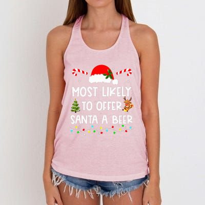 Most Likely To Offer Santa A Beer Funny Drinking Christmas  Women's Knotted Racerback Tank