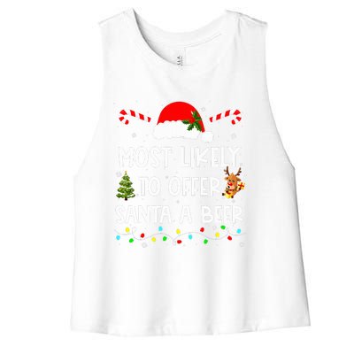 Most Likely To Offer Santa A Beer Funny Drinking Christmas  Women's Racerback Cropped Tank