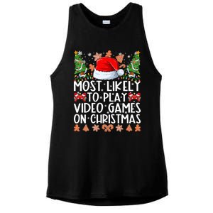 Most Likely To Play Video Games On Christmas Shirts For Family Ladies PosiCharge Tri-Blend Wicking Tank