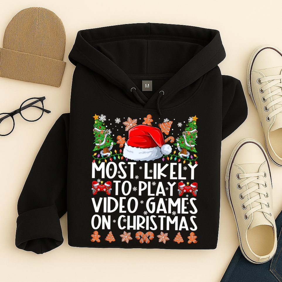 Most Likely To Play Video Games On Christmas Shirts For Family Hoodie