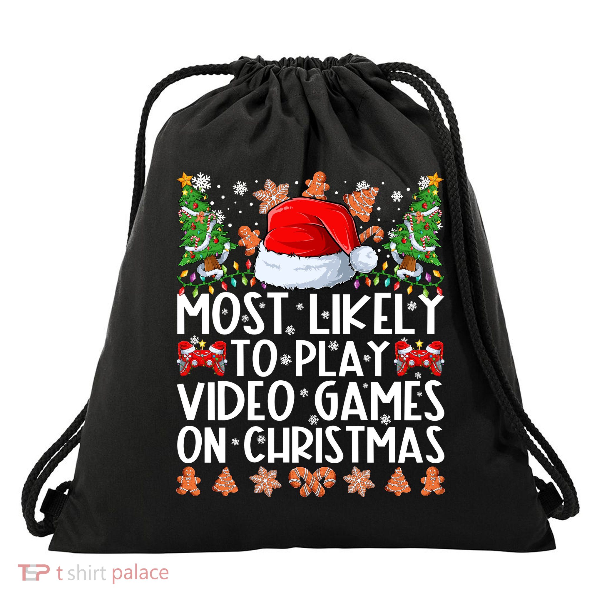 Most Likely To Play Video Games On Christmas Shirts For Family Drawstring Bag