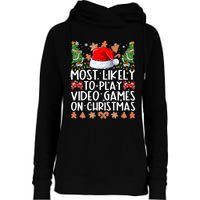 Most Likely To Play Video Games On Christmas Shirts For Family Womens Funnel Neck Pullover Hood