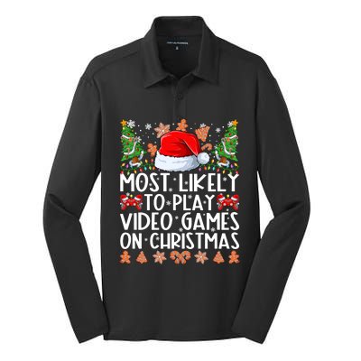 Most Likely To Play Video Games On Christmas Shirts For Family Silk Touch Performance Long Sleeve Polo