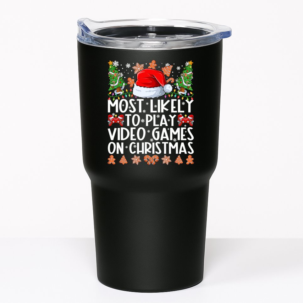 Most Likely To Play Video Games On Christmas Shirts For Family Tumbler