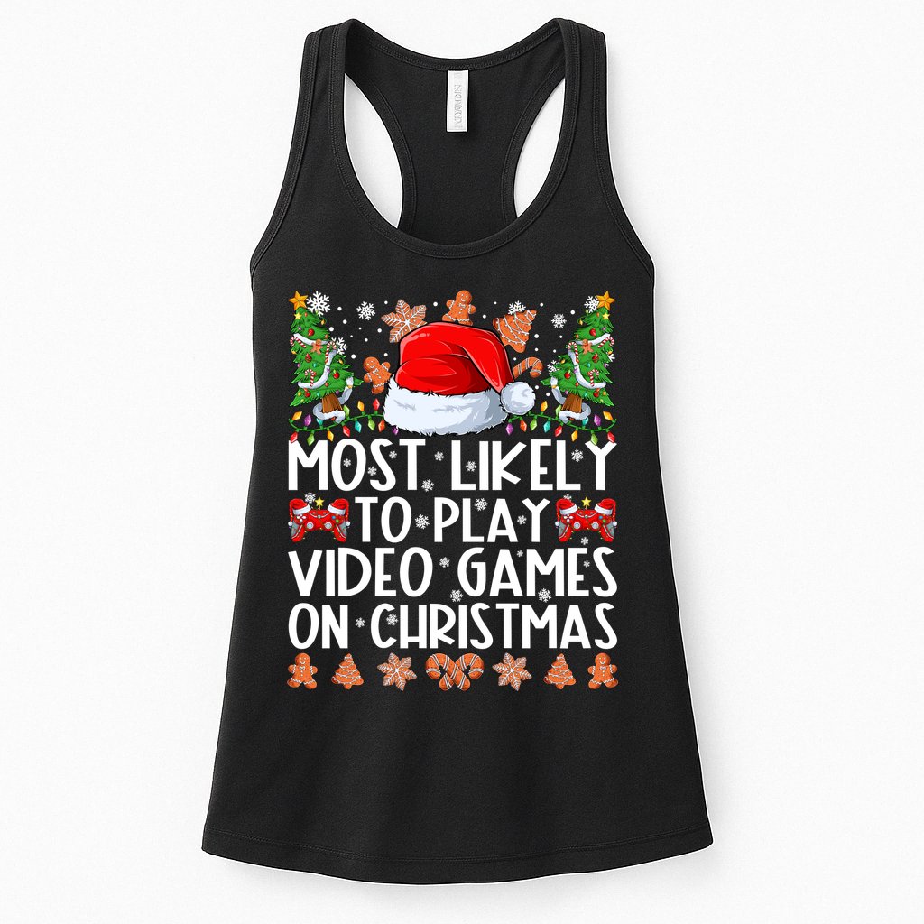 Most Likely To Play Video Games On Christmas Shirts For Family Womens Tank Top